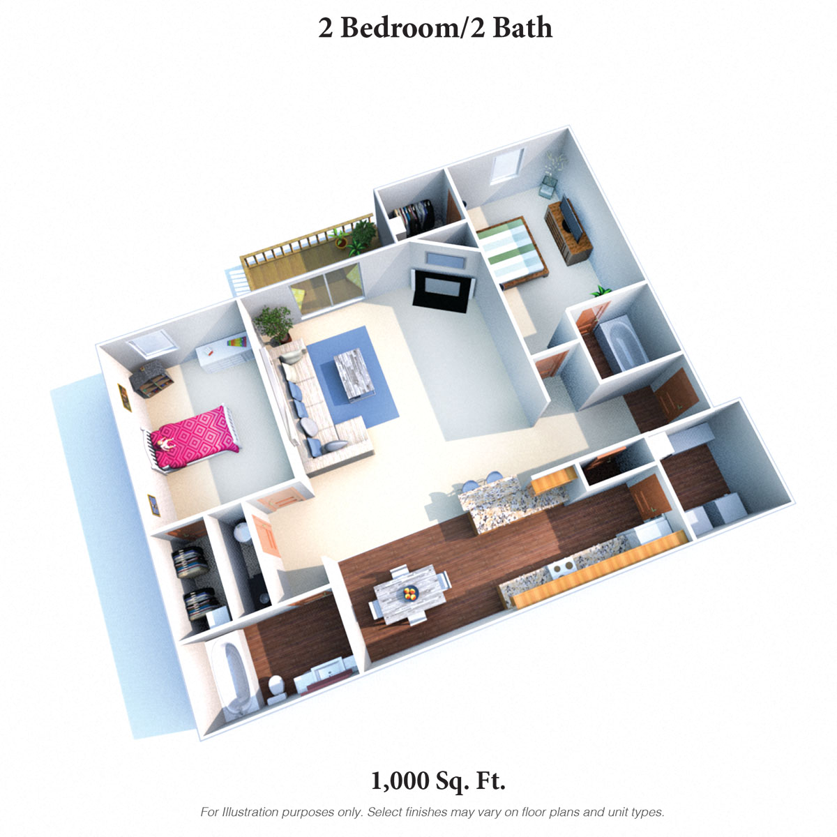 Floor plan for 2 beds, 2 baths, 1000 sqft